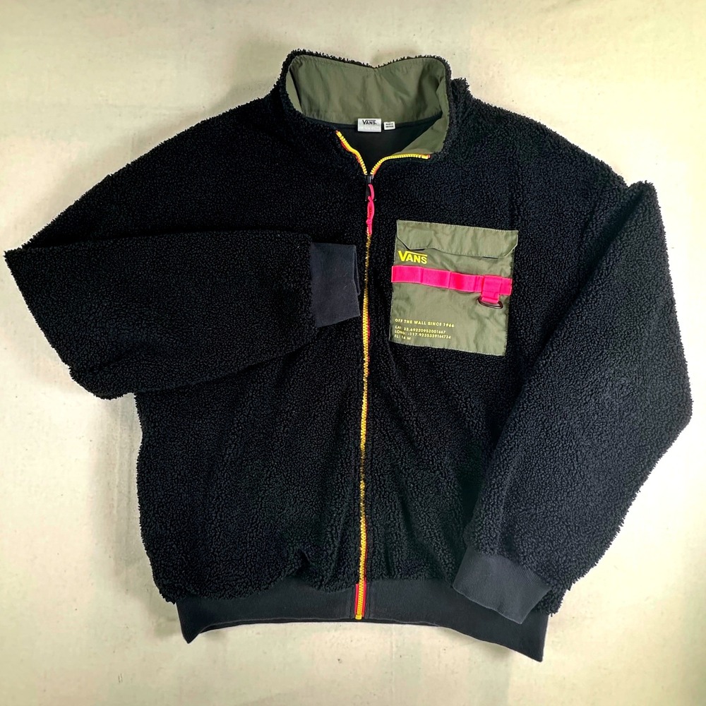 Vans Off The Wall Mens XL Black Sherpa Fleece Full Zip Jacket Utility Pocket
